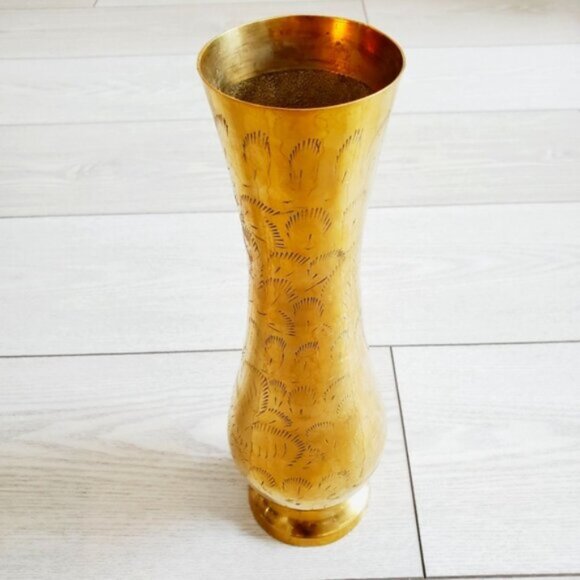 Art Deco 50s Vintage Vase Handmade Etched floral ornaments Solid Brass - Picture 2 of 8